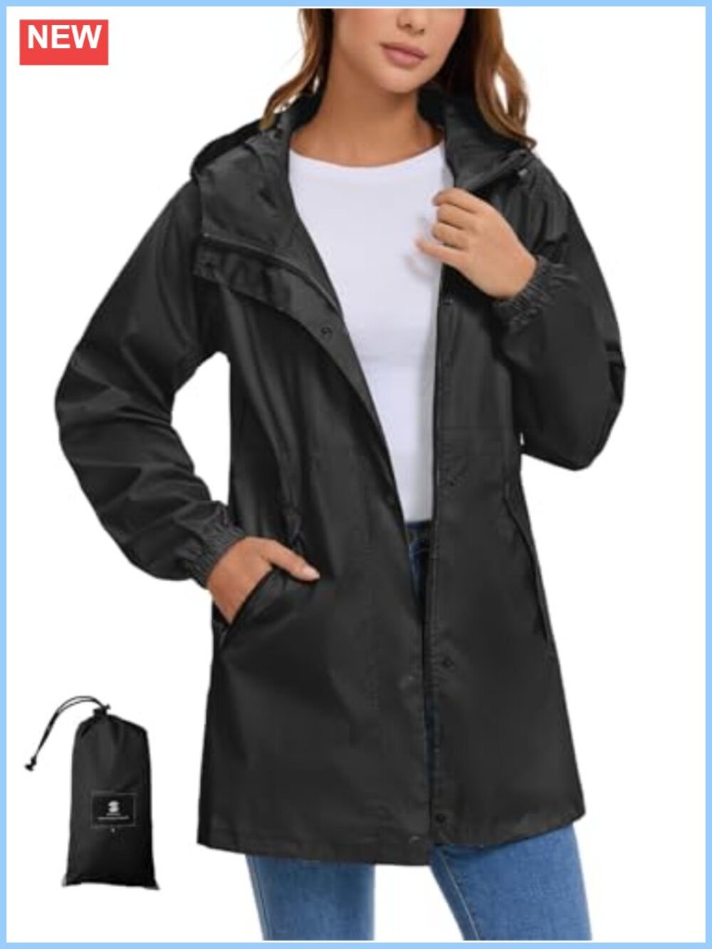 Lightweight Packable Long Rain Jacket Hooded Trench Coat